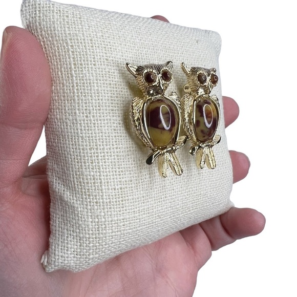 Vintage Owl Gold Tone Faux Tortoise Shell Cabochon Scatter Pins Brooch - Picture 6 of 9